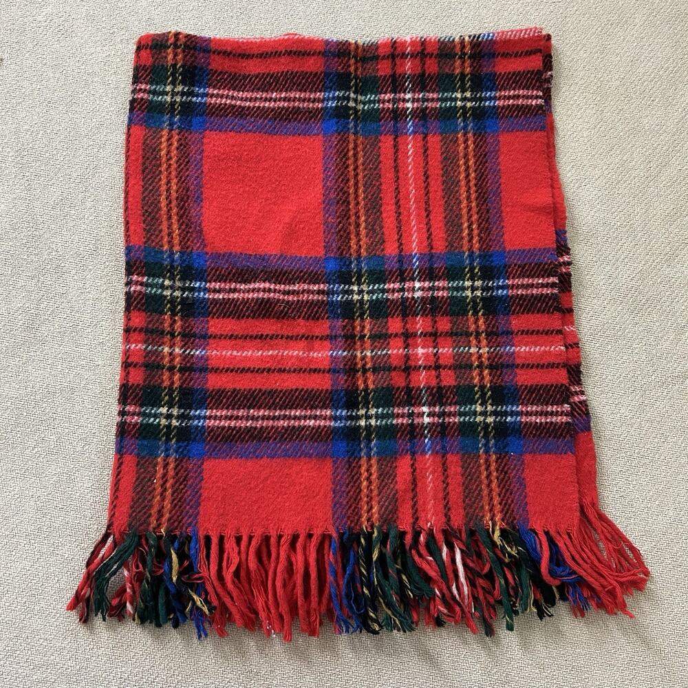 Vintage 70s Tartan Plaid Wool Throw Blanket 37x42”